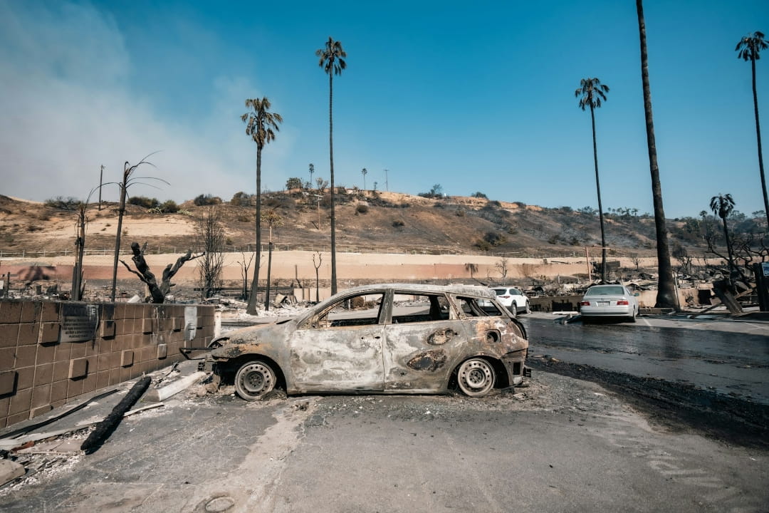 burned car with extensive fire damage parked on a street after a wildfire