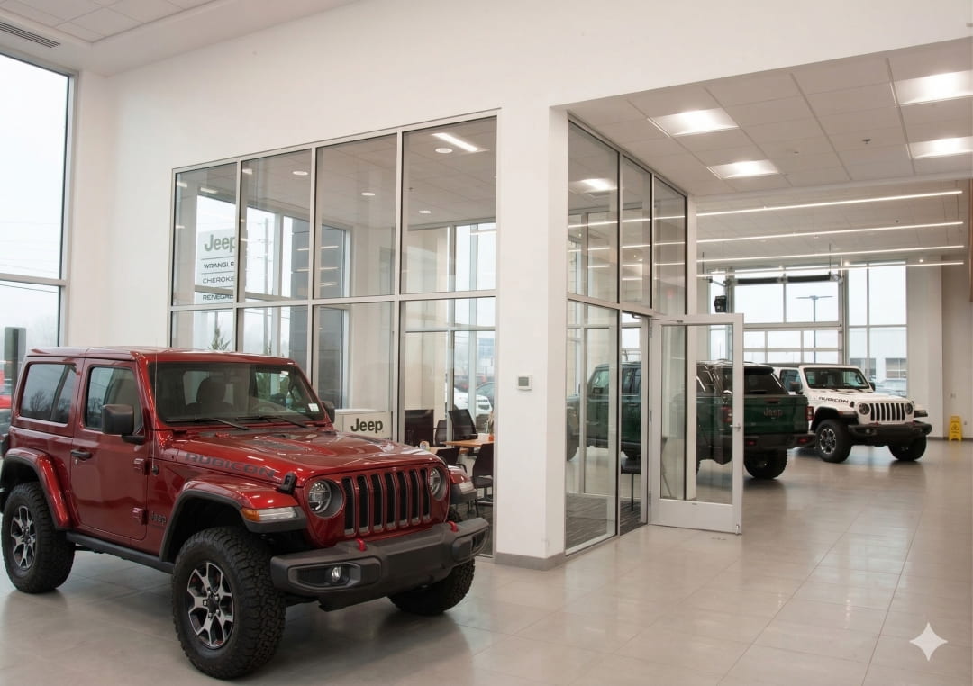 car dealership showroom with SUVs on display