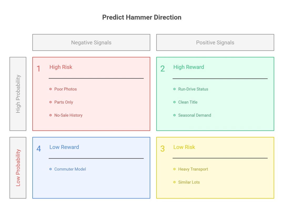 auction bidding strategy matrix illustrating positive and negative vehicle signals that influence hammer prices