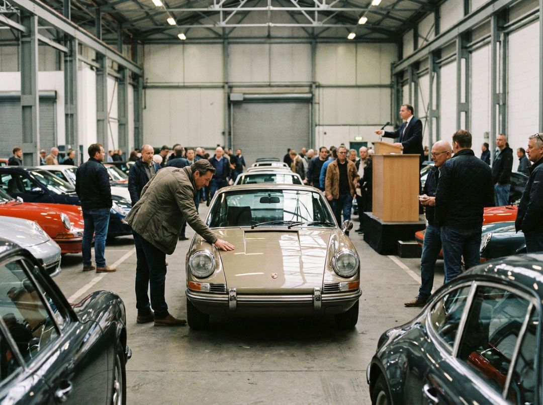 indoor classic car auction with bidders inspecting vintage vehicles