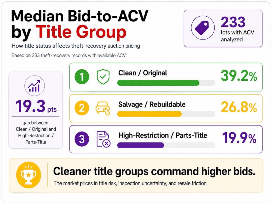 median bid-to-ACV by title group for theft-recovery auction cars
