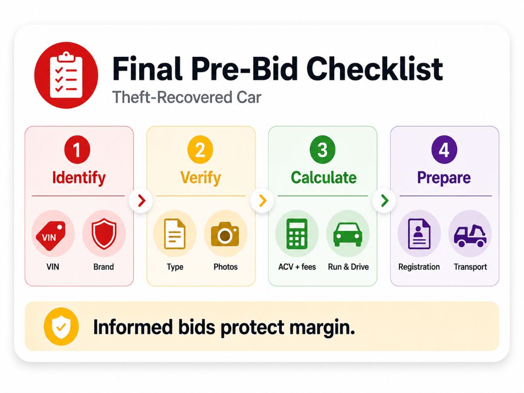 final pre-bid checklist for a theft-recovered car