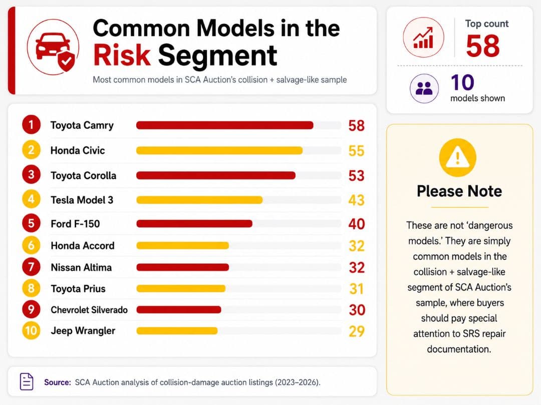 infographic ranking the 10 most common vehicle models in SCA Auction’s collision and salvage-like sample