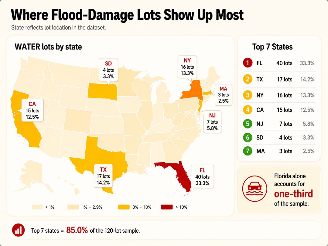 map showing where flood-damaged auction lots appear most often