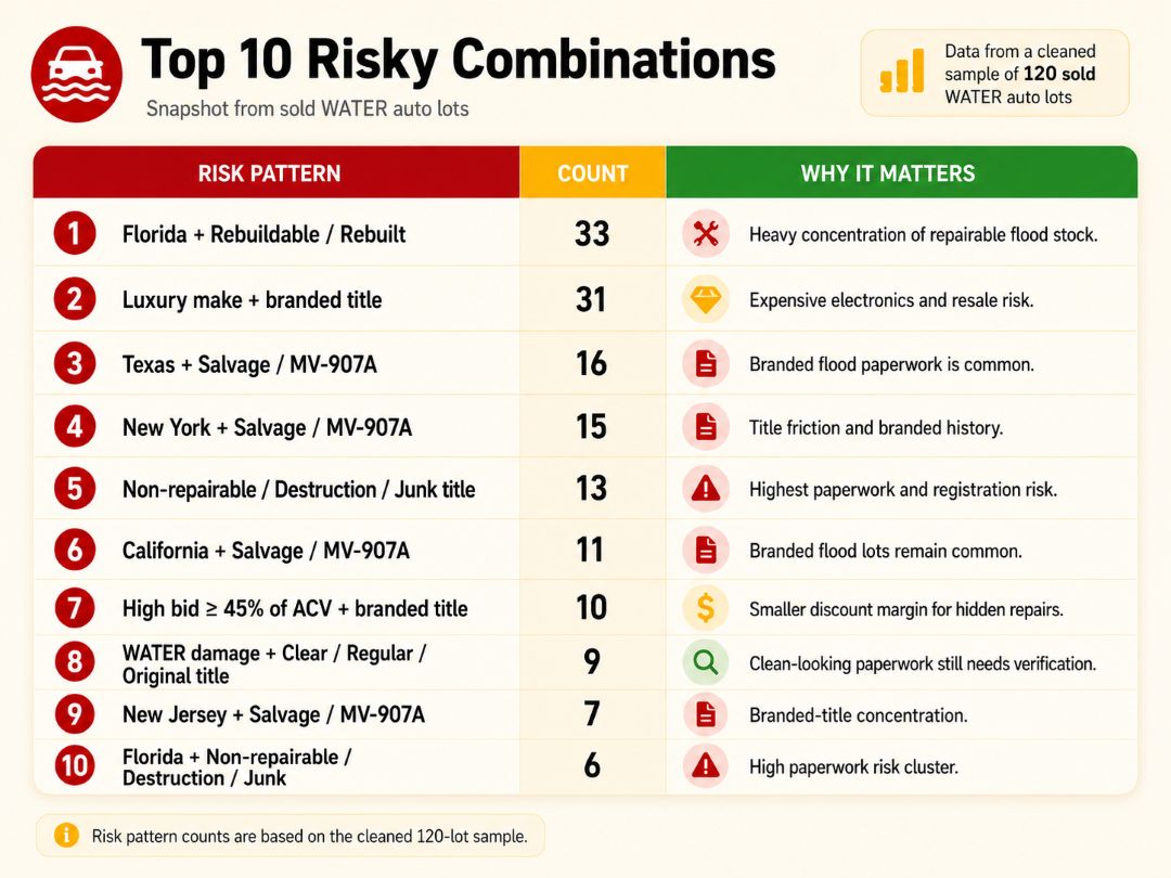 infographic showing the top 10 risk patterns for flood-damaged auction cars