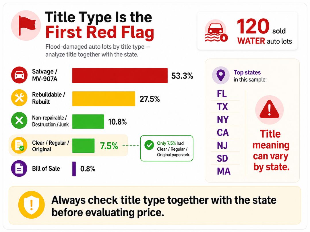 bar chart showing the distribution of flood-damaged auto lots by title type