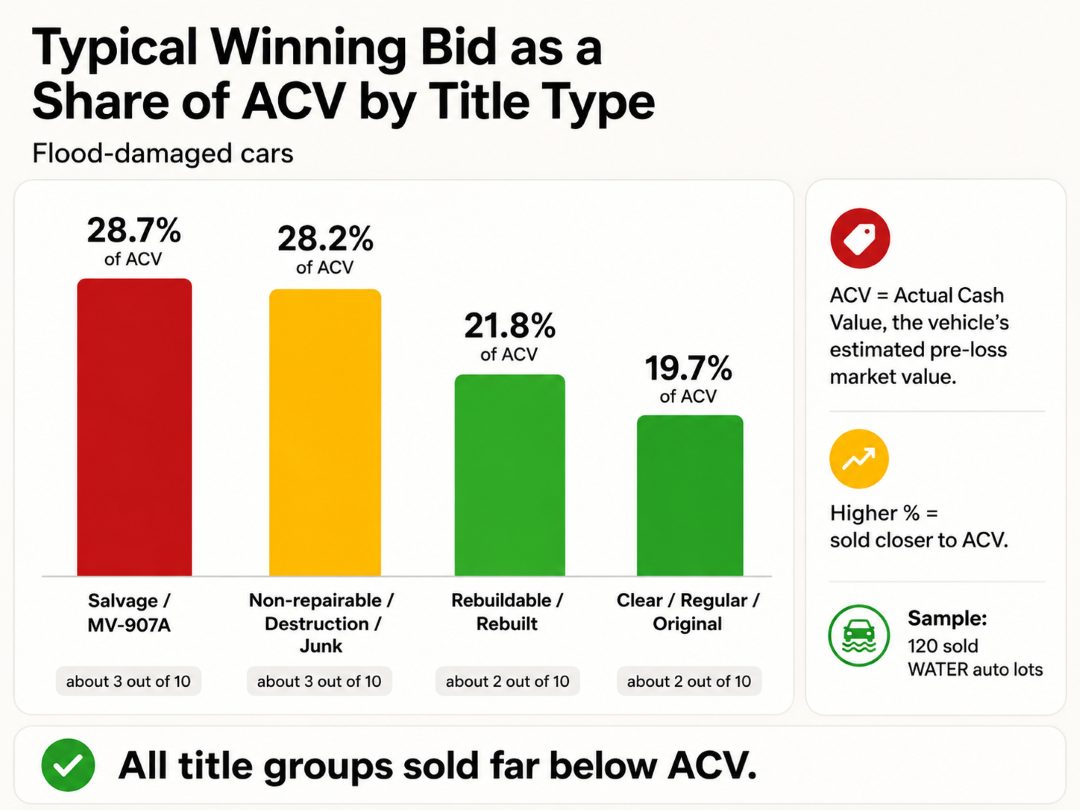 chart showing the typical winning bid as a share of ACV for different flood-damaged car title types