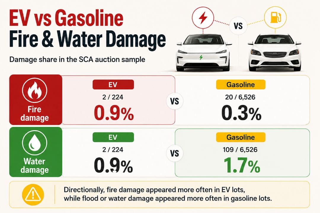 EV vs gasoline fire and water damage rates in the SCA auction sample