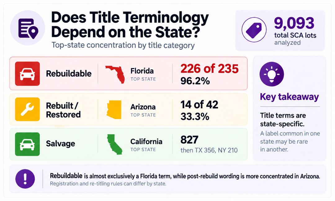 infographic showing state-specific title terminology, with Rebuildable titles concentrated in Florida, Rebuilt or Restored titles in Arizona, and Salvage titles most common in California