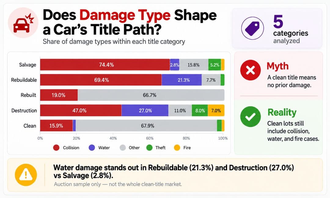 infographic comparing damage types across title categories, showing water damage is more common in Rebuildable and Destruction lots than in Salvage lots