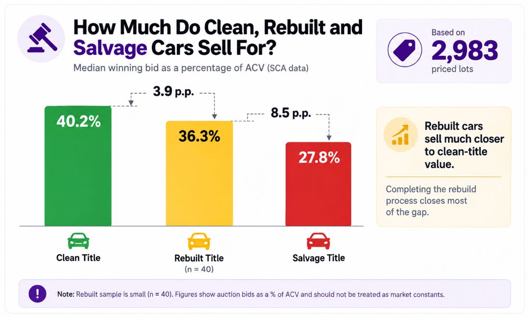 infographic comparing Clean, Rebuilt, and Salvage title auction values